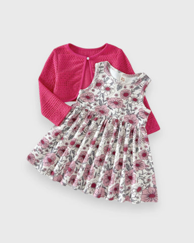 2 Pc Baby Girl Print Dress & Cardigan Set