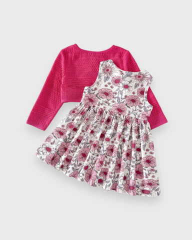 2 Pc Baby Girl Print Dress & Cardigan Set