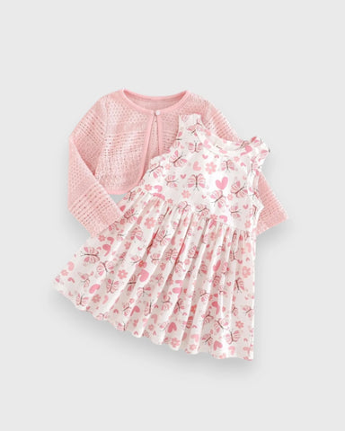 2 Pc Baby Girl Print Dress & Cardigan Set
