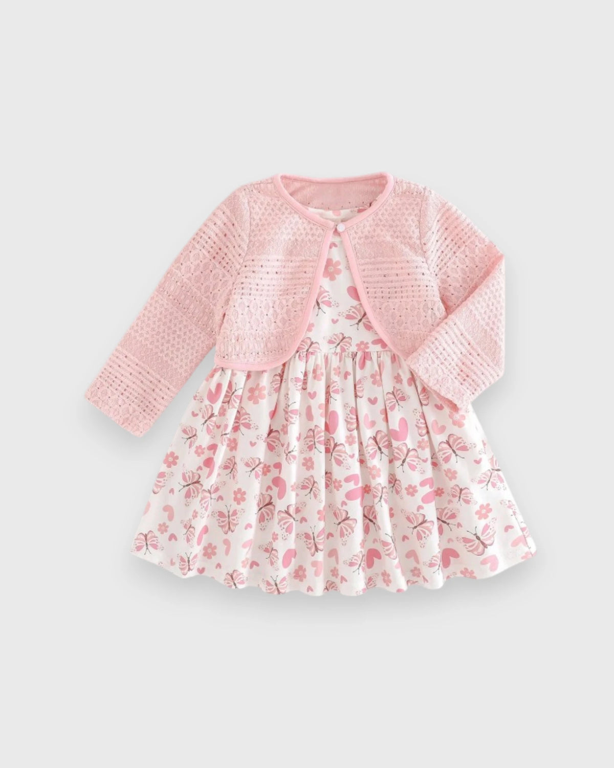2 Pc Baby Girl Print Dress & Cardigan Set