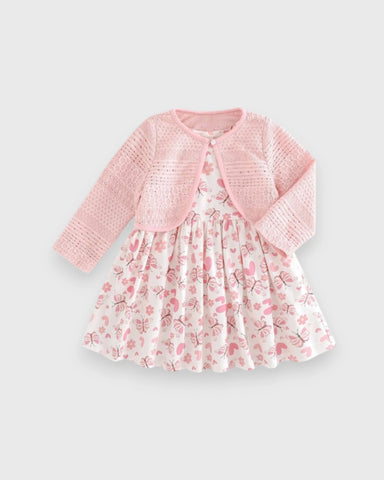 2 Pc Baby Girl Print Dress & Cardigan Set