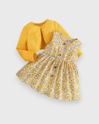 2 Pc Baby Girl Print Dress & Cardigan Set