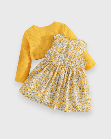 2 Pc Baby Girl Print Dress & Cardigan Set
