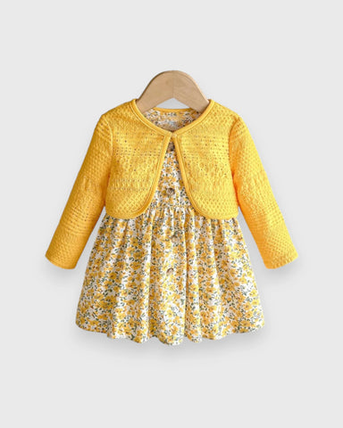2 Pc Baby Girl Print Dress & Cardigan Set