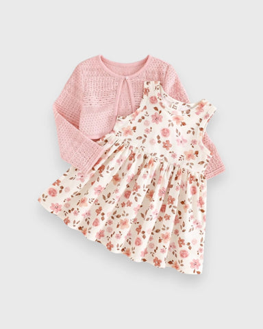 2 Pc Baby Girl Print Dress & Cardigan Set