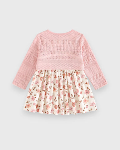 2 Pc Baby Girl Print Dress & Cardigan Set