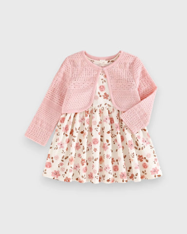 2 Pc Baby Girl Print Dress & Cardigan Set