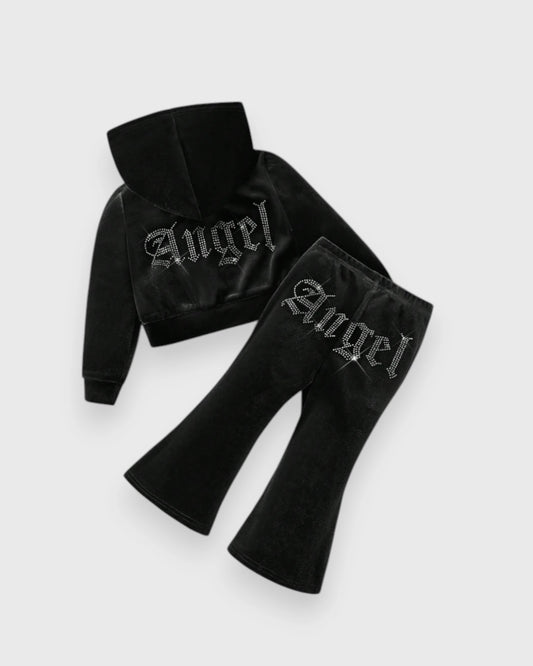 2 Pc Girls Rhinestone Angel Velour Hoodie & Flare Pants Set