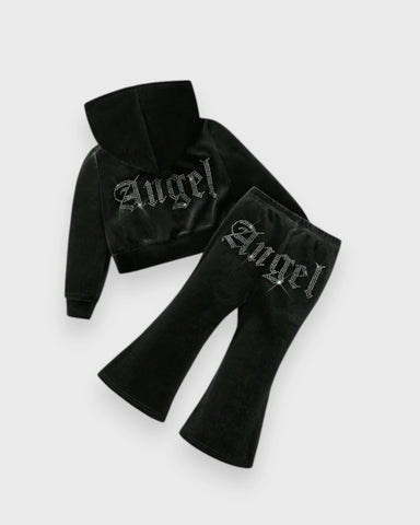 2 Pc Girls Rhinestone Angel Velour Hoodie & Flare Pants Set