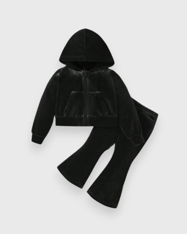 2 Pc Girls Rhinestone Angel Velour Hoodie & Flare Pants Set