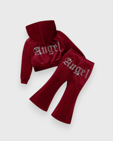 2 Pc Girls Rhinestone Angel Velour Hoodie & Flare Pants Set