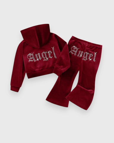 2 Pc Girls Rhinestone Angel Velour Hoodie & Flare Pants Set