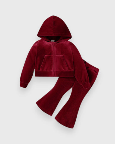 2 Pc Girls Rhinestone Angel Velour Hoodie & Flare Pants Set