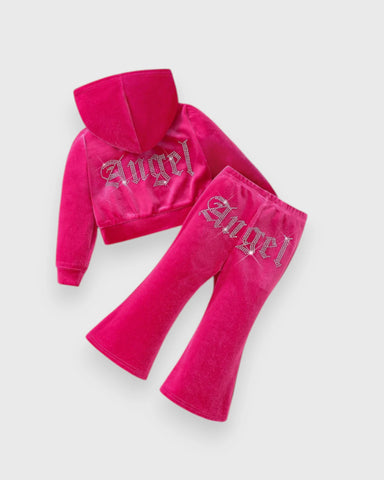 2 Pc Girls Rhinestone Angel Velour Hoodie & Flare Pants Set