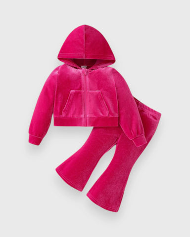 2 Pc Girls Rhinestone Angel Velour Hoodie & Flare Pants Set