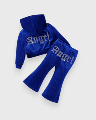 2 Pc Girls Rhinestone Angel Velour Hoodie & Flare Pants Set