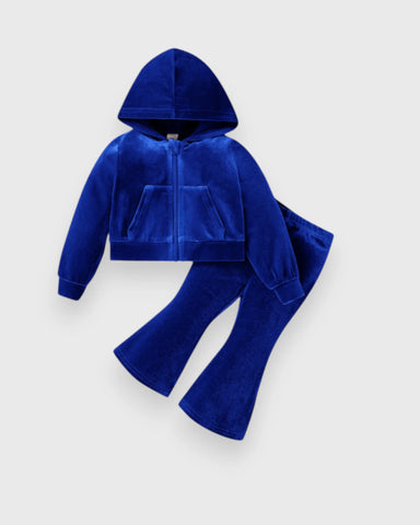 2 Pc Girls Rhinestone Angel Velour Hoodie & Flare Pants Set