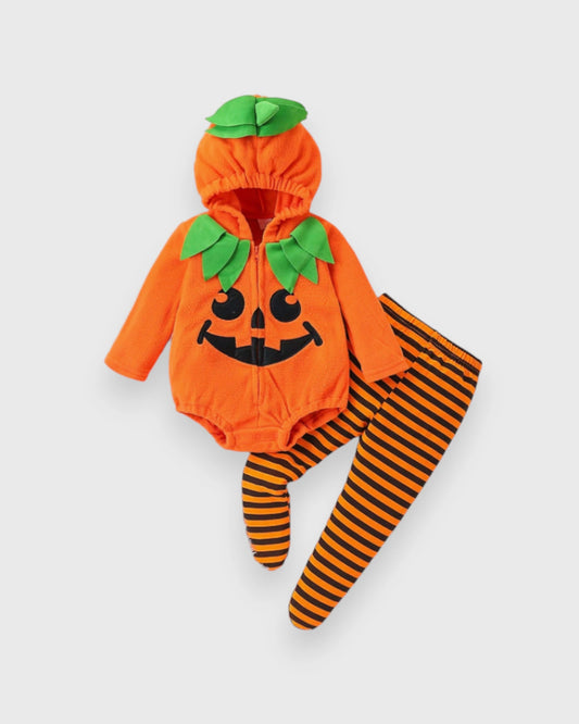 2 Pc Baby Pumpkin Bodysuit Stripe Tights Costume Set