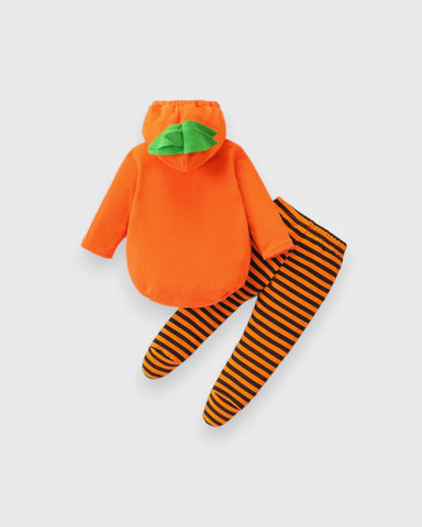 2 Pc Baby Pumpkin Bodysuit Stripe Tights Costume Set