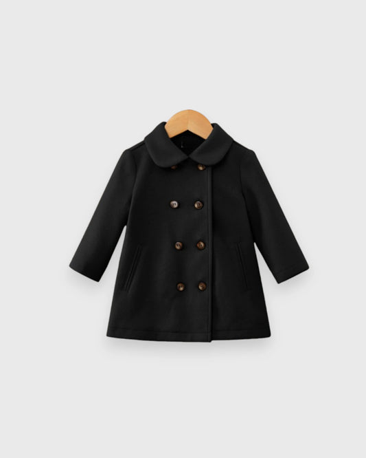 Black baby girls' double-breasted pea coat with rounded collar and front pockets.