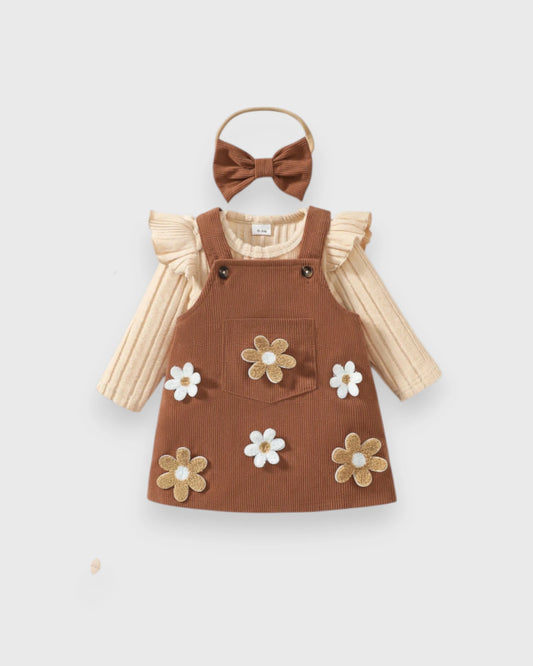 3 Pc Baby Girl Daisy Corduroy Pinafore Dress Set