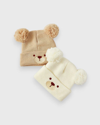 2 Pc Baby Bear Pom-Pom Knit Beanie Set