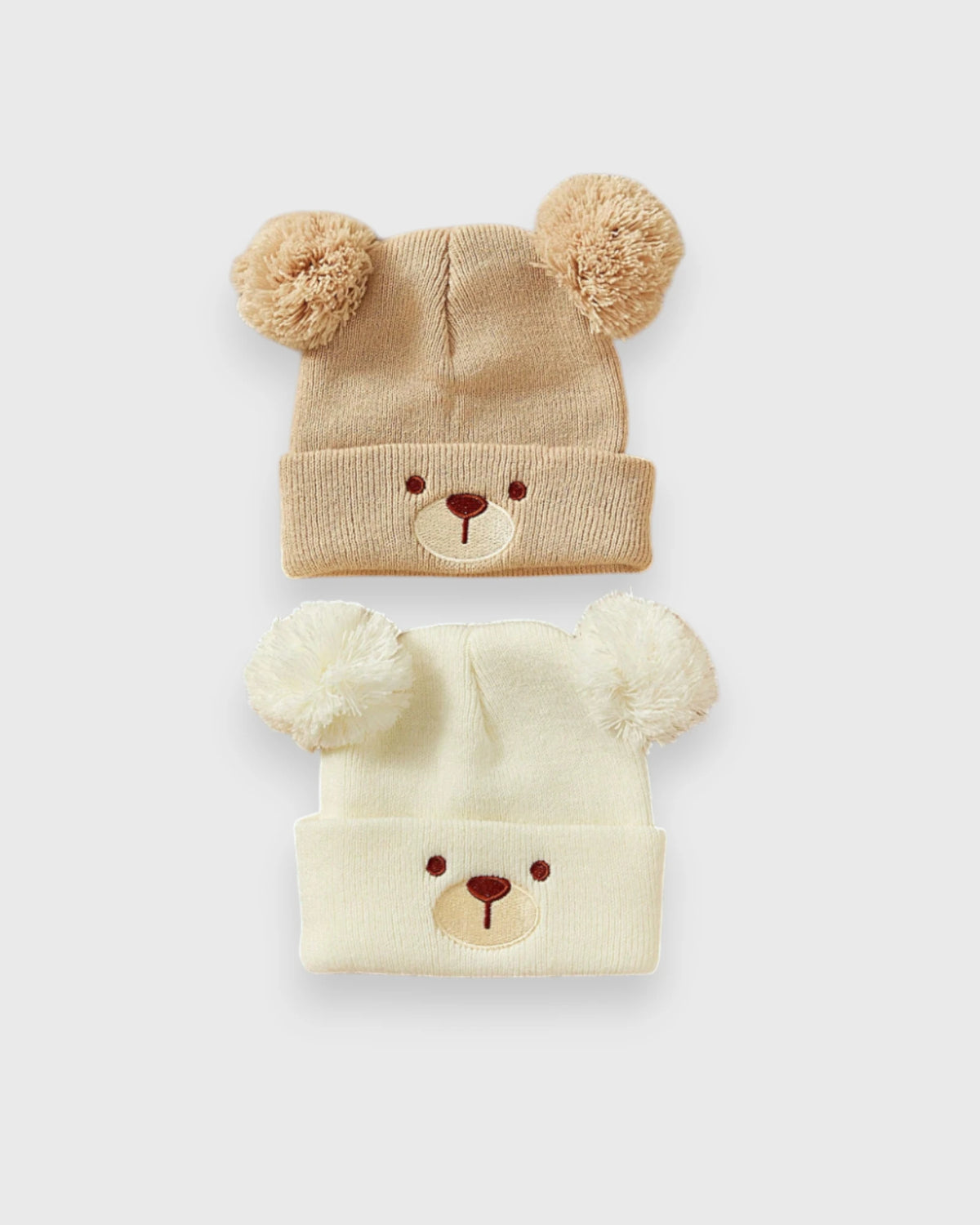2 Pc Baby Bear Pom-Pom Knit Beanie Set