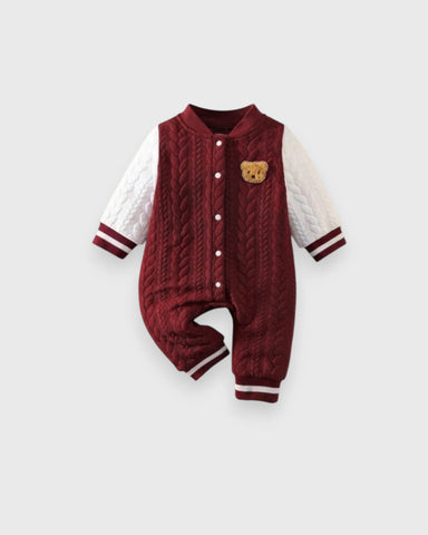 Baby Boy Bear Patch Quilted Varsity Jumpsuit