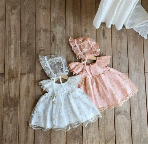 CL-2 Pc Baby Girl Floral Embroidered Tulle Dress & Bonnet Set