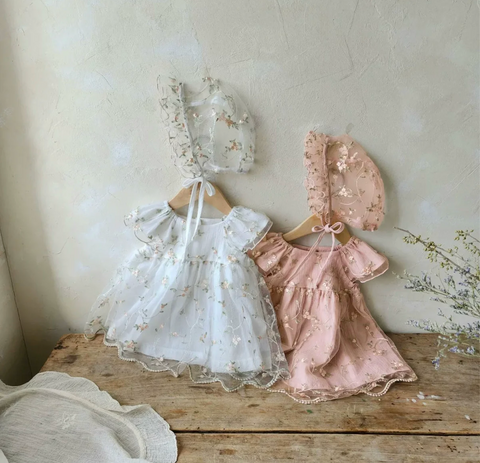 CL-2 Pc Baby Girl Floral Embroidered Tulle Dress & Bonnet Set