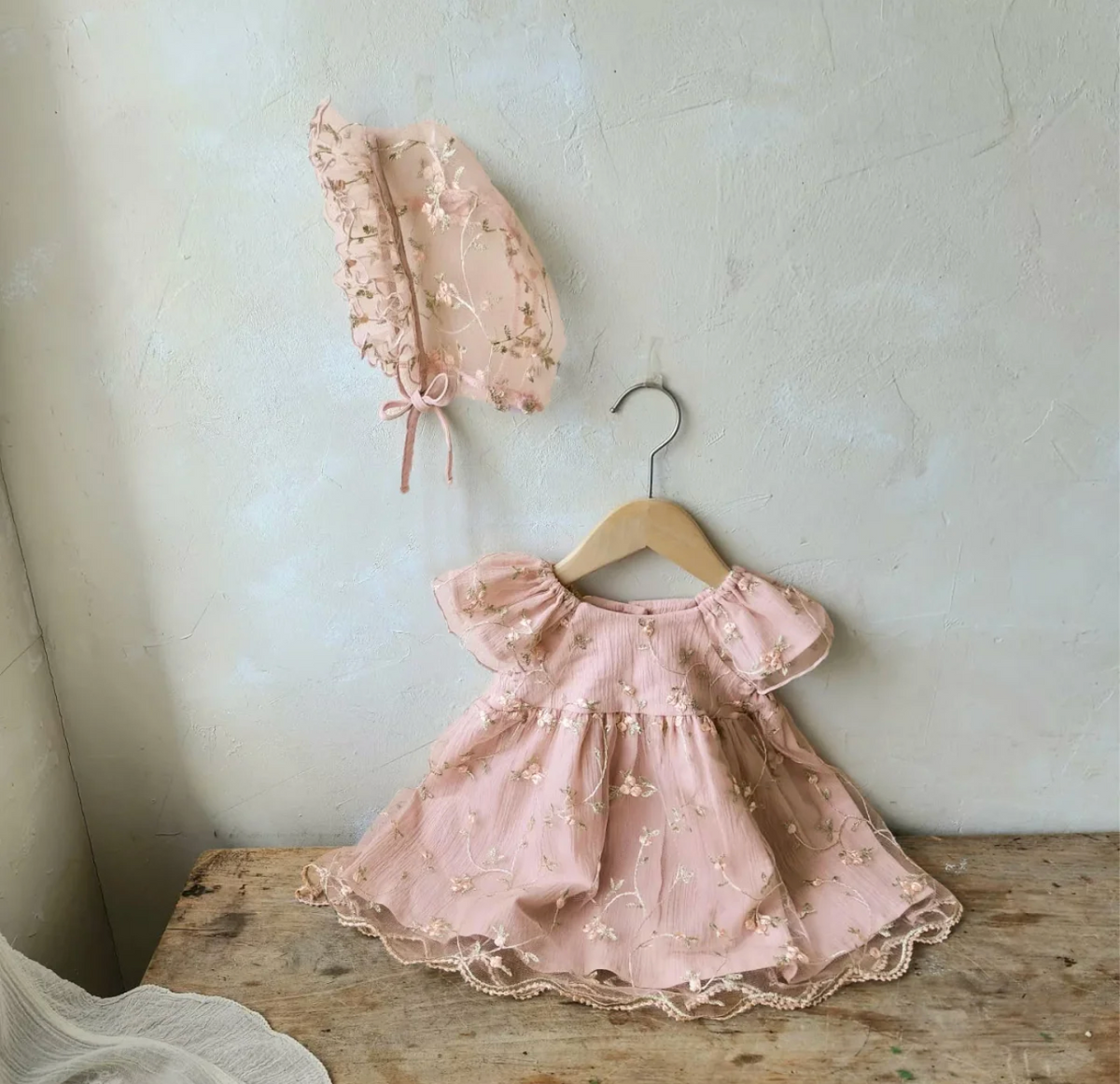 CL-2 Pc Baby Girl Floral Embroidered Tulle Dress & Bonnet Set