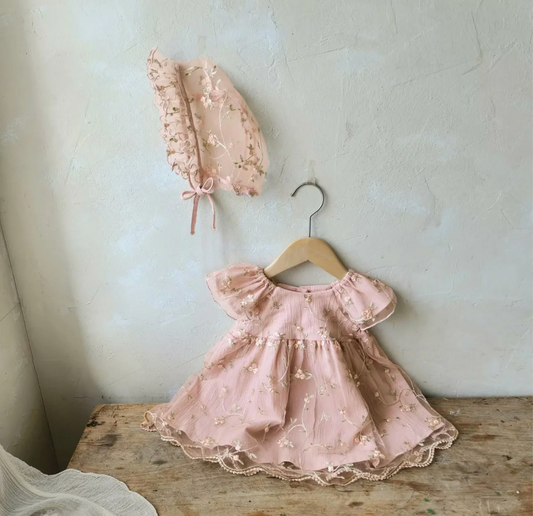Pink baby girls' floral-embroidered dress with flutter sleeves and a coordinating bonnet.