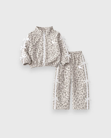 2 Pc Girls Leopard-Print Bow Track Jacket & Pants Set