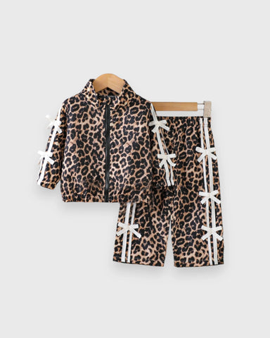 2 Pc Girls Leopard-Print Bow Track Jacket & Pants Set