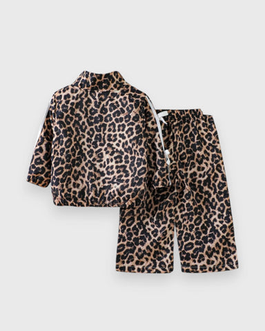 2 Pc Girls Leopard-Print Bow Track Jacket & Pants Set