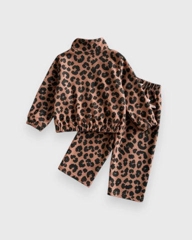 2 Pc Girls Leopard-Print Bow Track Jacket & Pants Set