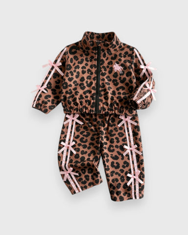 2 Pc Girls Leopard-Print Bow Track Jacket & Pants Set