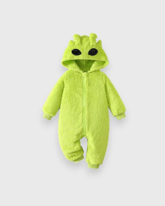 Lime green baby fleece alien jumpsuit with large black eyes and antenna details on the hood.