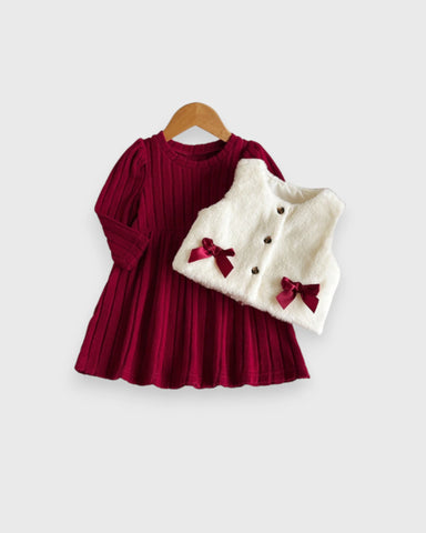 2 Pc Baby Girl Velvet Dress & Faux-Fur Bow Vest Set