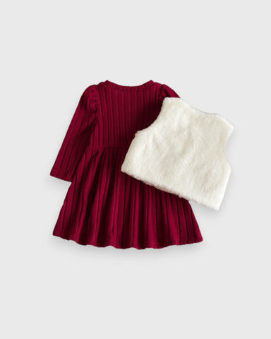 2 Pc Baby Girl Velvet Dress & Faux-Fur Bow Vest Set