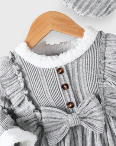 2 Pc Baby Girl Ruffle Bow Sweater Dress & Beret Set