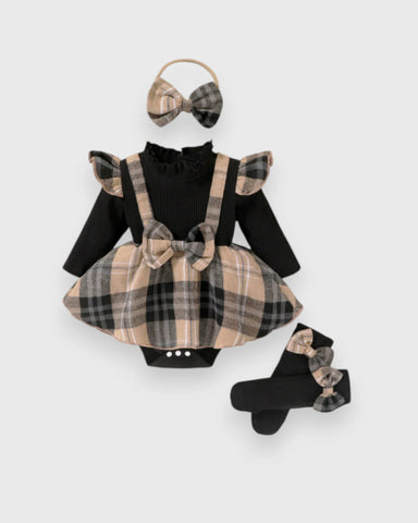 3 Pc Baby Girl Plaid Romper Dress, Headband & Socks Set
