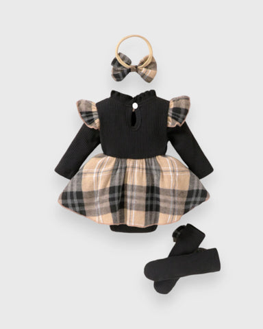 3 Pc Baby Girl Plaid Romper Dress, Headband & Socks Set