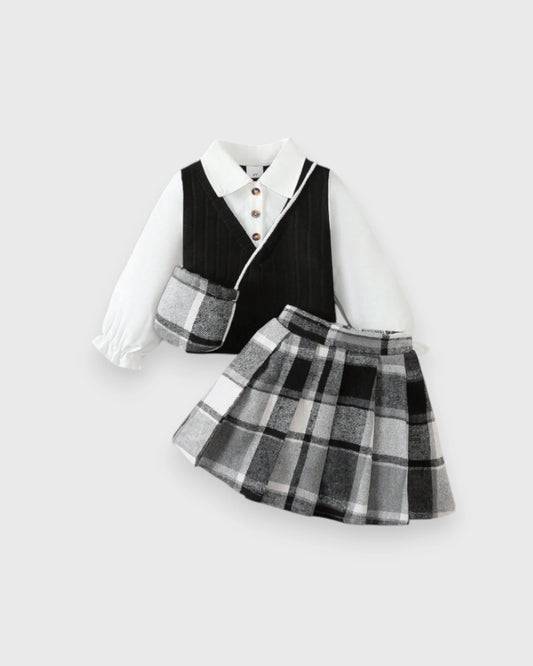 2 Pc Girls Knit Vest Blouse & Plaid Pleated Skirt Set