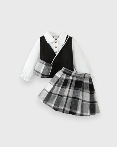 2 Pc Girls Knit Vest Blouse & Plaid Pleated Skirt Set