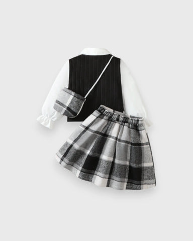 2 Pc Girls Knit Vest Blouse & Plaid Pleated Skirt Set