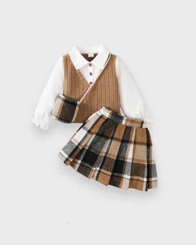 2 Pc Girls Knit Vest Blouse & Plaid Pleated Skirt Set