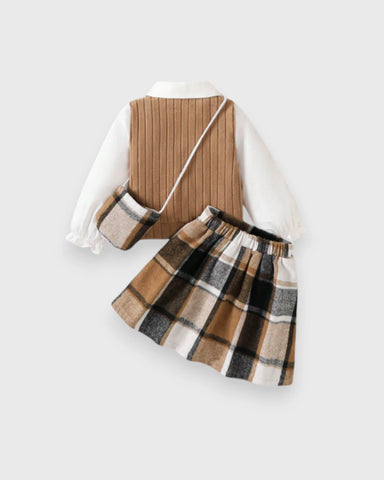 2 Pc Girls Knit Vest Blouse & Plaid Pleated Skirt Set
