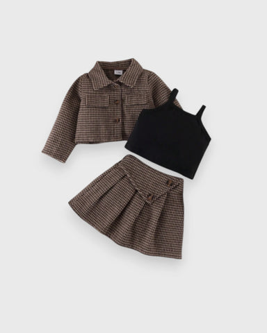 3 Pc Girls Houndstooth Jacket, Cami Top & Pleated Skirt Set
