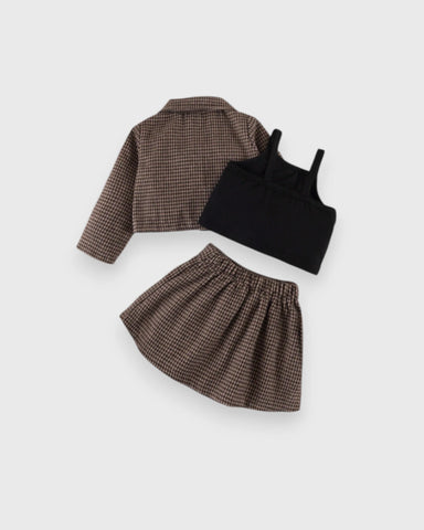 3 Pc Girls Houndstooth Jacket, Cami Top & Pleated Skirt Set